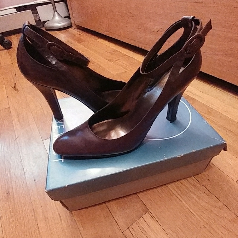 Brown pumps ankle strap heels nine west
