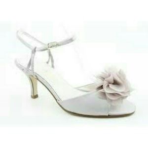 Black Caparro satin peep toe heel with flower