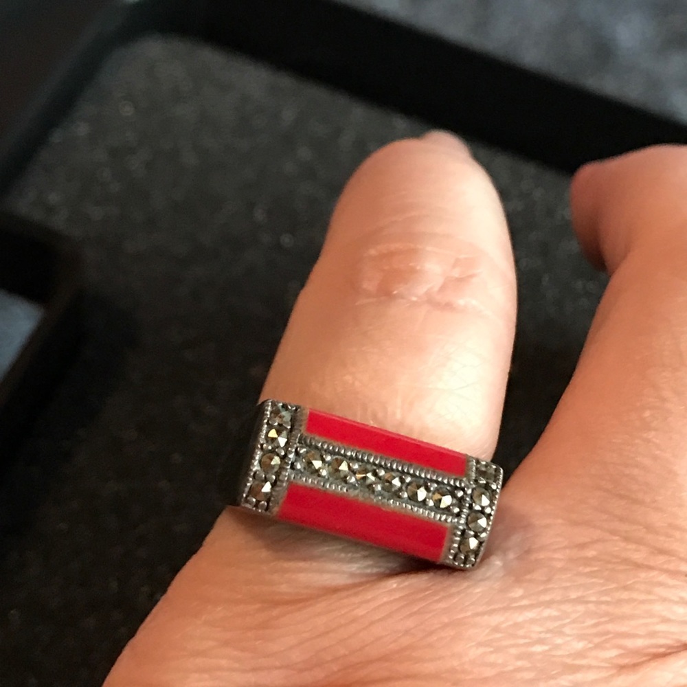 Red coral silver ring