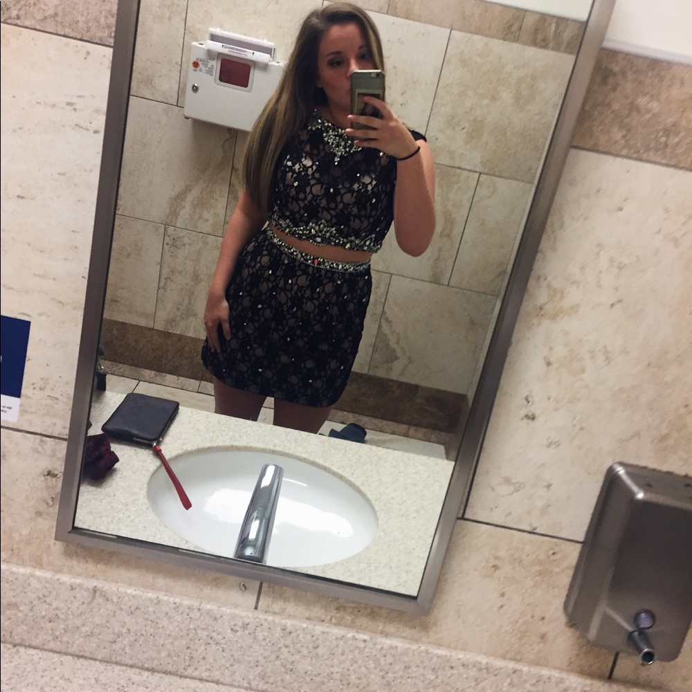 Black lace nude Mori Lee homecoming dress