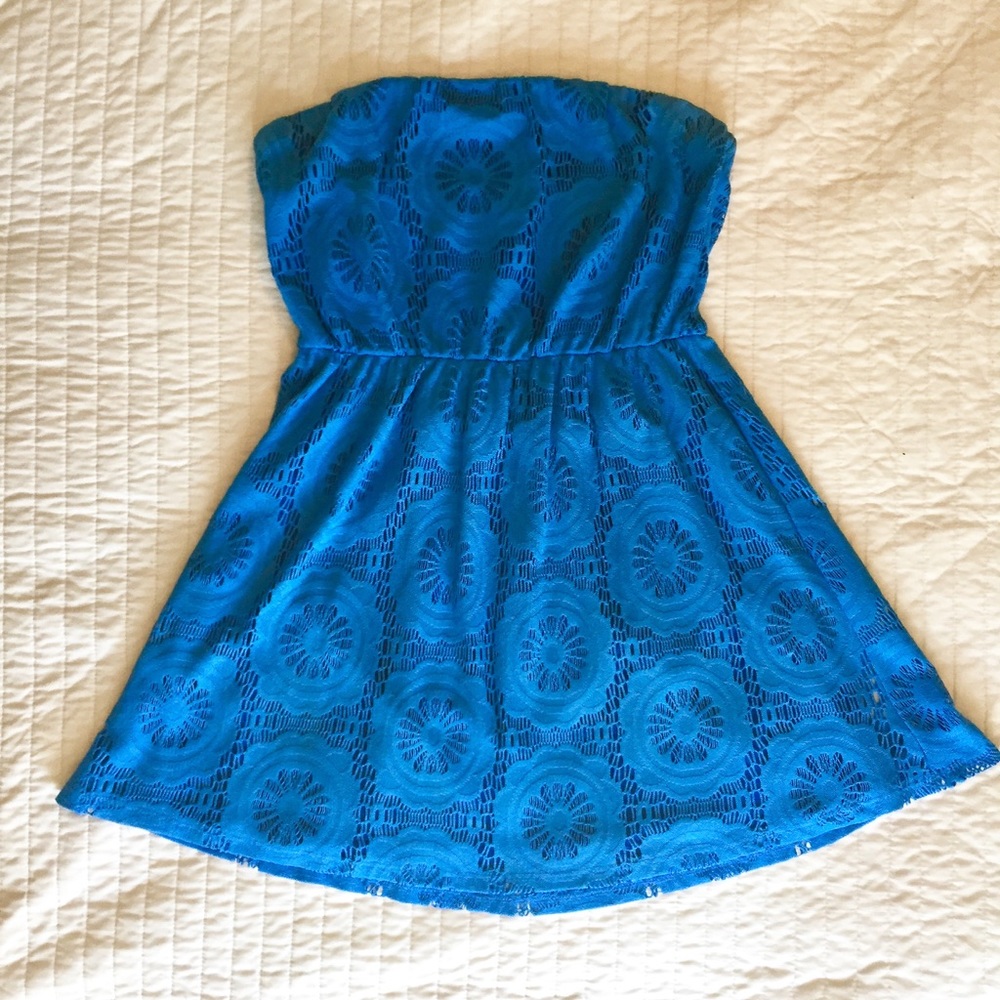 Blue Strapless Crochet Dress