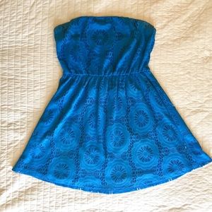 Blue Strapless Crochet Dress