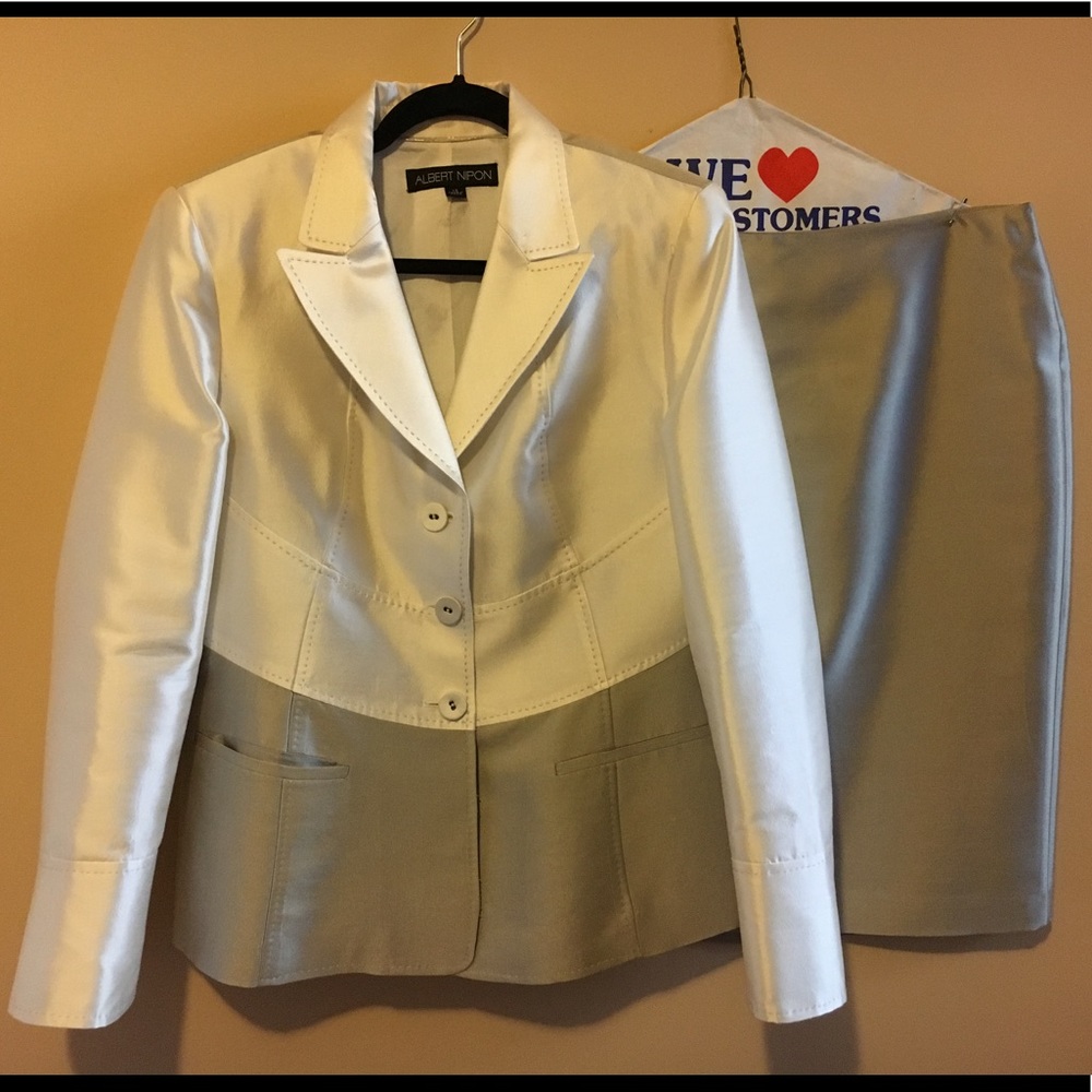 Albert Nipon ivory/pewter wool/silk skirt suit 12