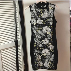 Black, White, Yellow floral fitted dress.