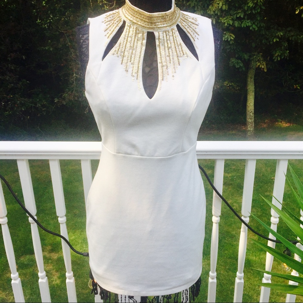 Embellished Beaded White and Gold Mini Dress