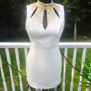 Embellished Beaded White and Gold Mini Dress