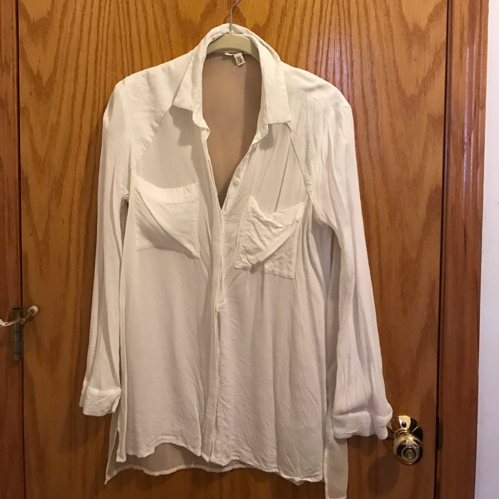 White long sleeve button down sheer back