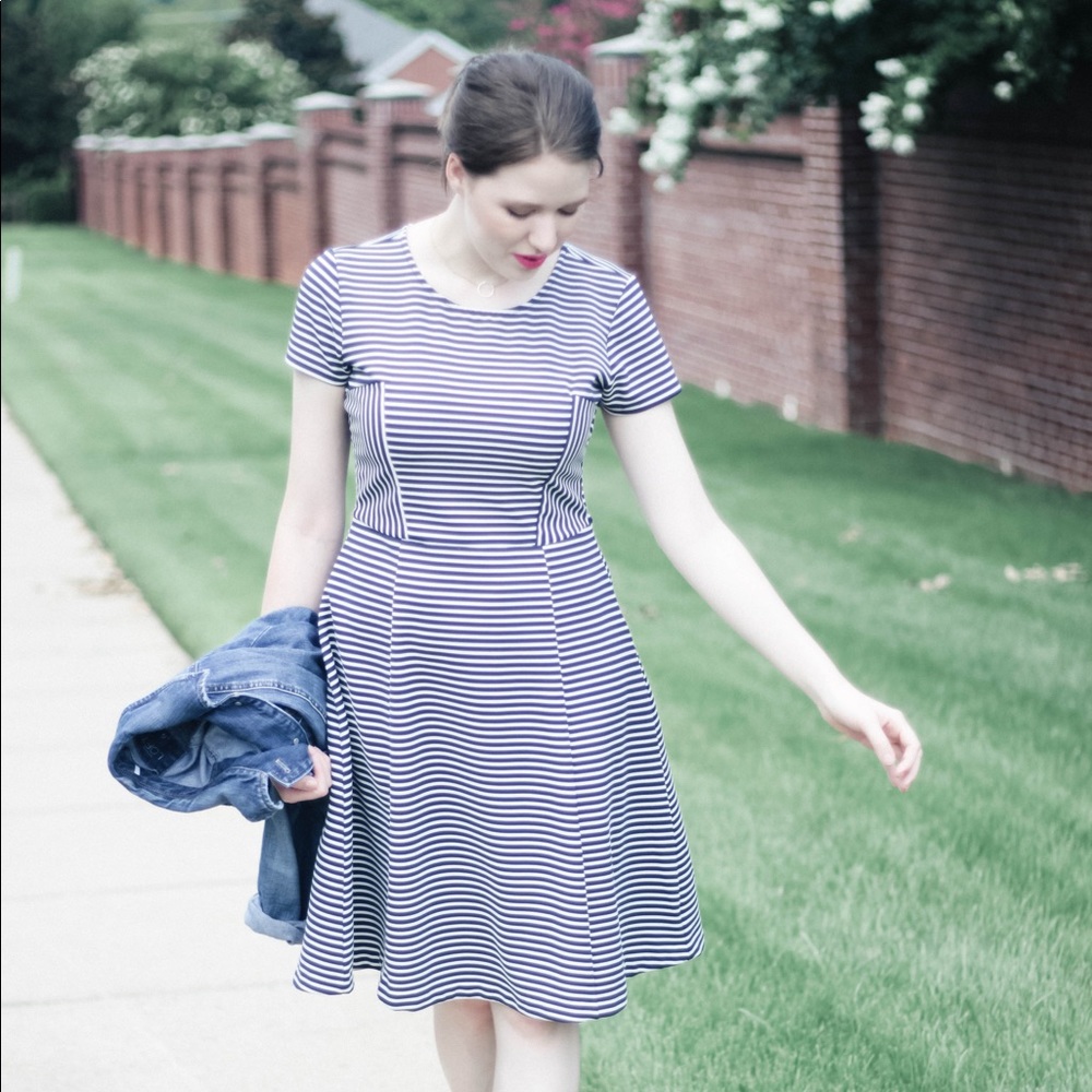 ModCloth Striped Navy & White Midi Dress Size L/M