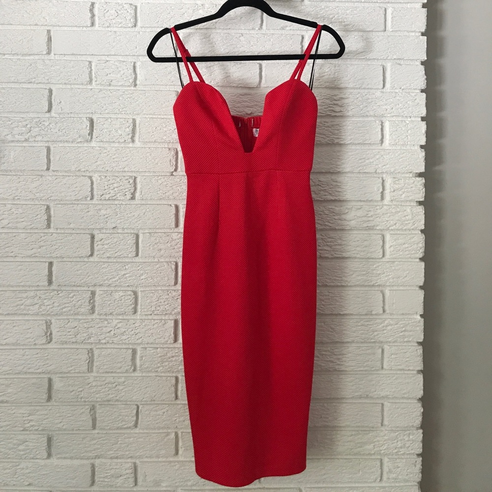 Mura Boutique Red Low Cut Midi Dress
