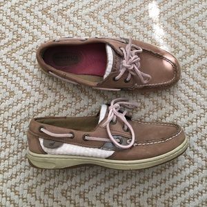 Tan and pink sperry topsiders