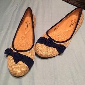 Tan and blue flats