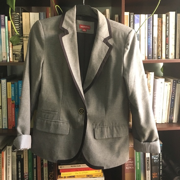 Wooly grey blazer with contrast trim and lining - Picture 1 of 4