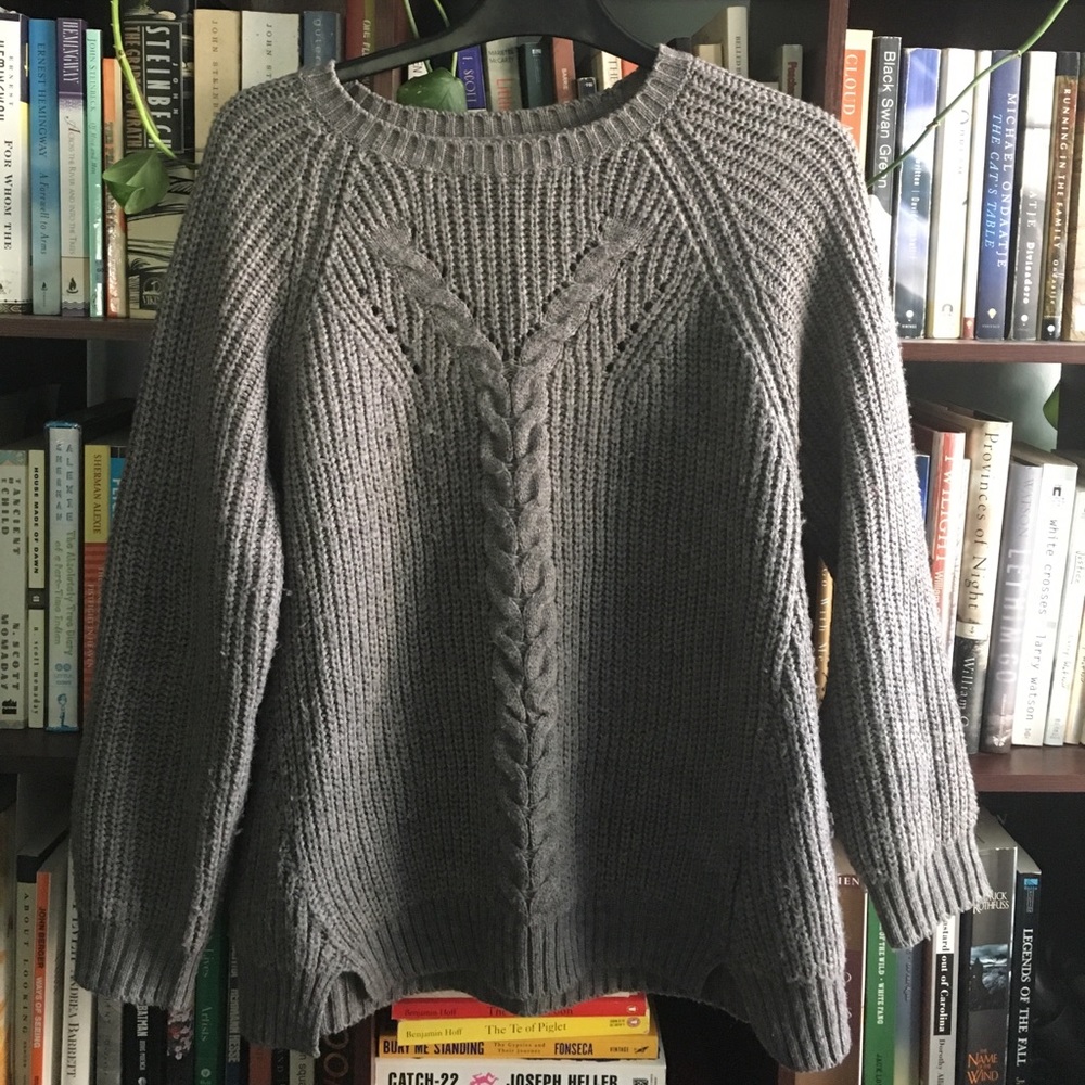 Grey cable knit sweater from Anthropologie