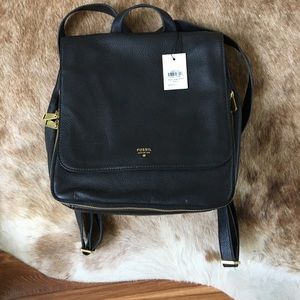 NEW WITH TAGS Black Leather Fossil Backpack Purse