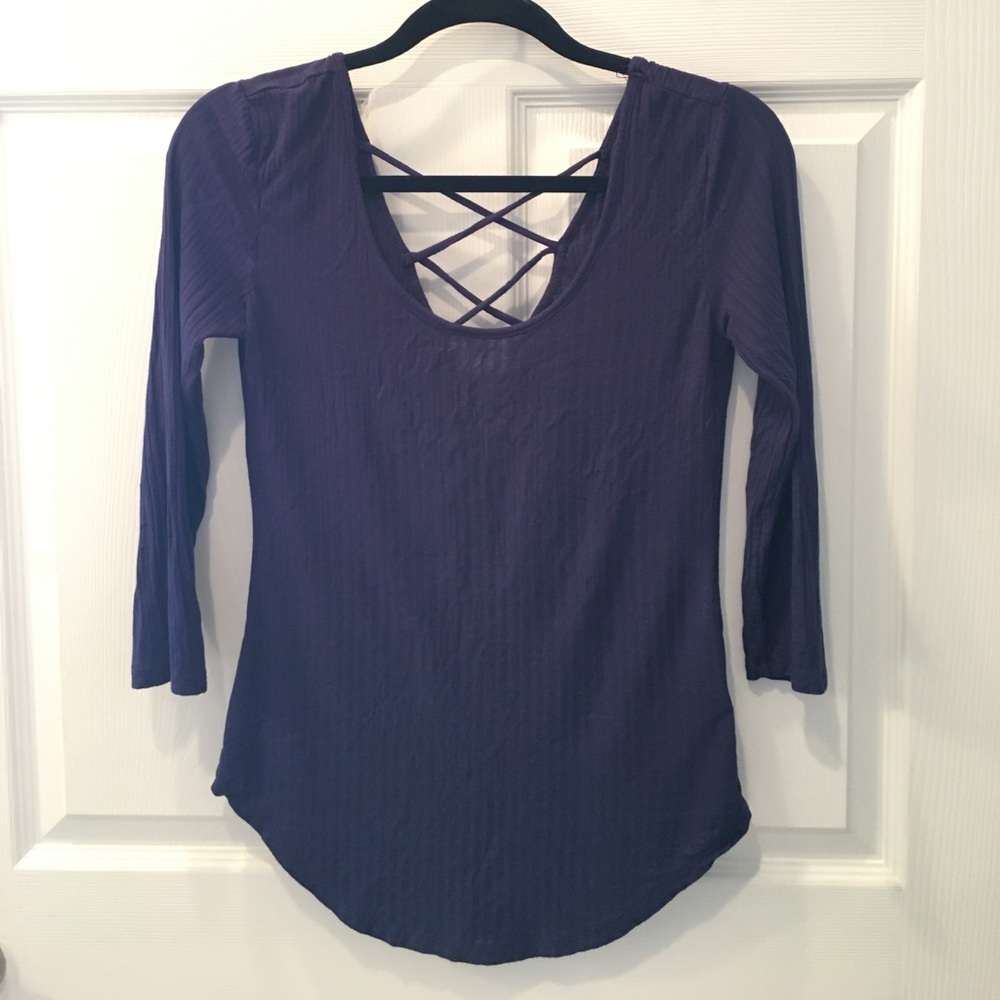 Navy Quarter Sleeve Top with Lace-Up Back