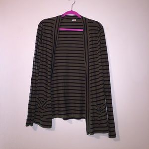 J CREW OLIVE GREEN AND BLACK STRIPED CARDIGAN