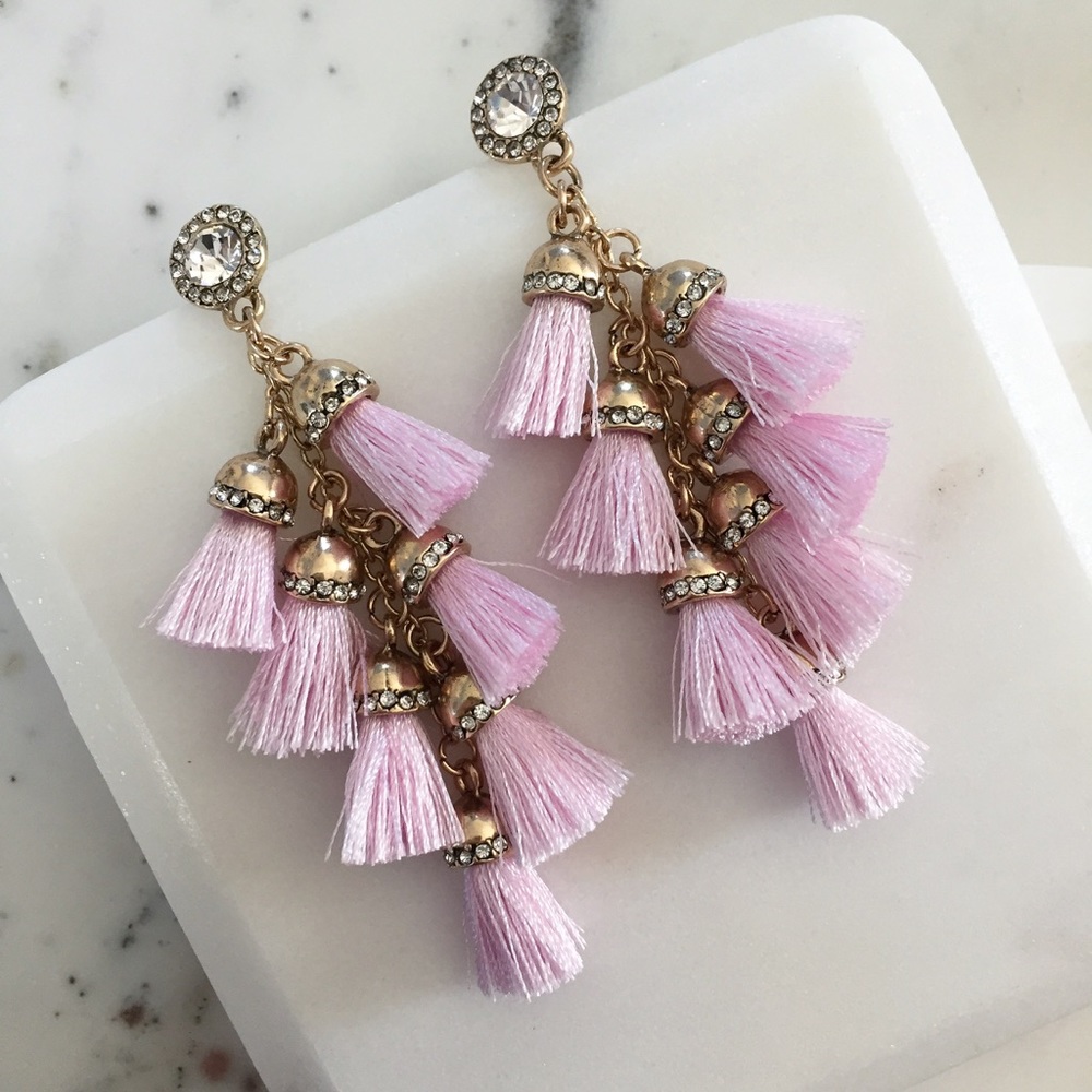 "Alina" Earrings || Rose Pink Tassel Statement - Picture 2 of 8