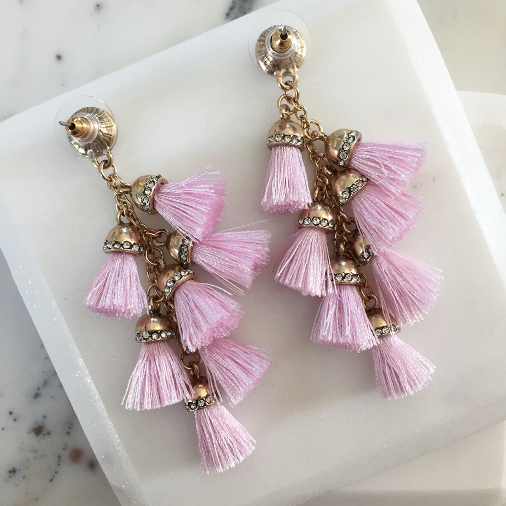 "Alina" Earrings || Rose Pink Tassel Statement - Picture 3 of 8