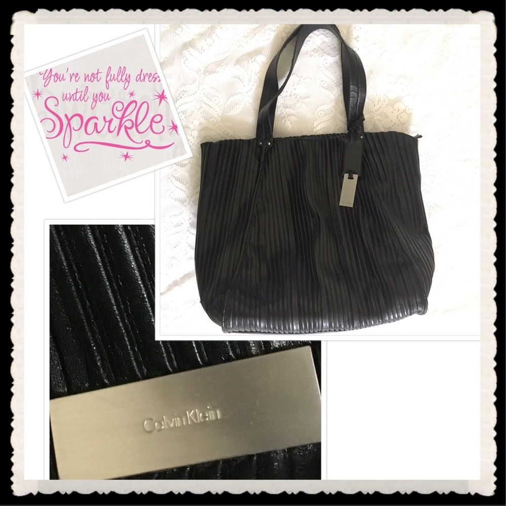 Calvin Klein | Fancy Faux Leather Black Pleated Tote - Picture 1 of 9
