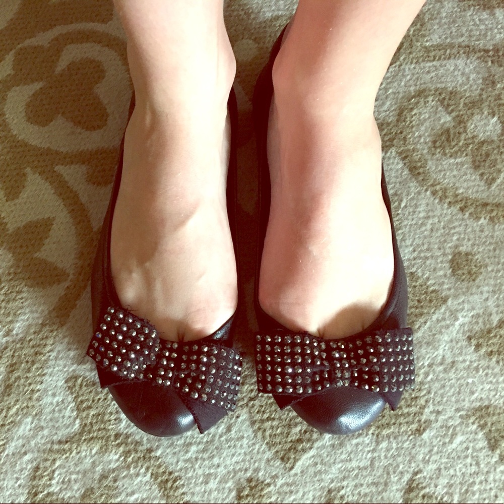 Black Leather Report Flats with sequined bow