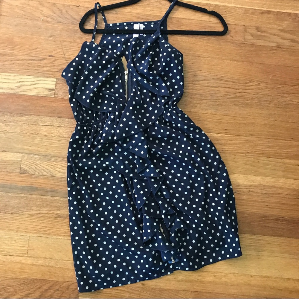 Francesca's front zip navy polka dot dress sz M