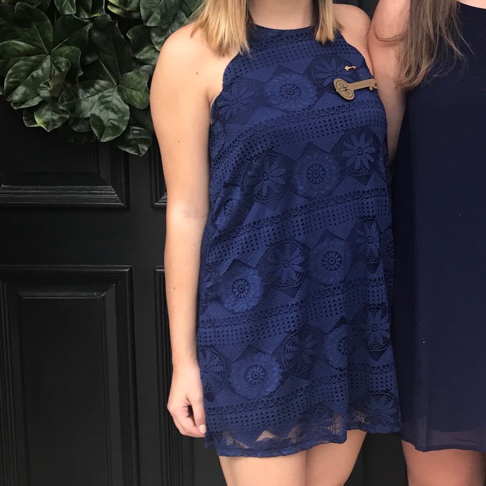 Francesca’s navy lace dress