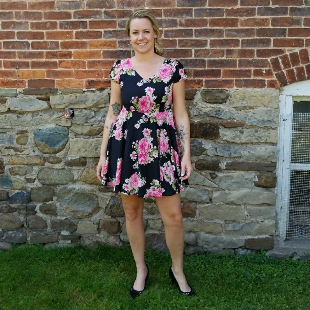 Black satin rose floral dress