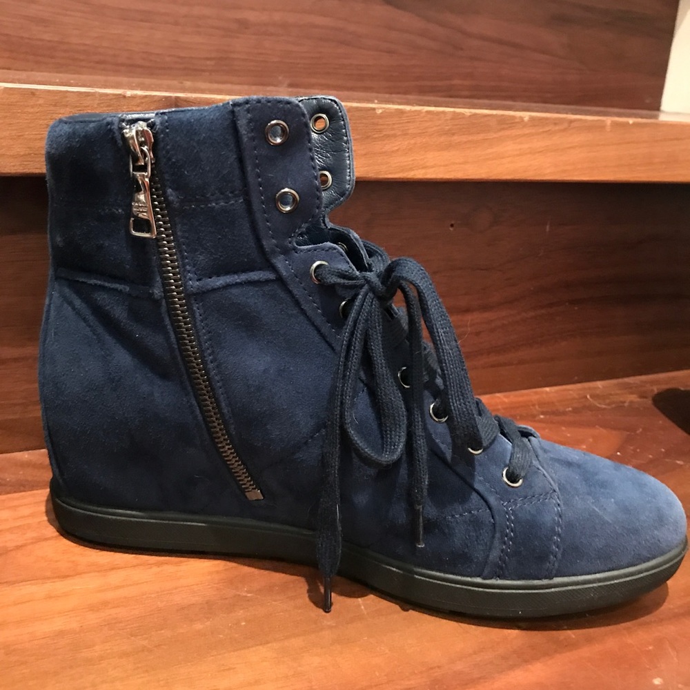 PRADA Blue Suede High Top Wedge Sneakers - Picture 3 of 7