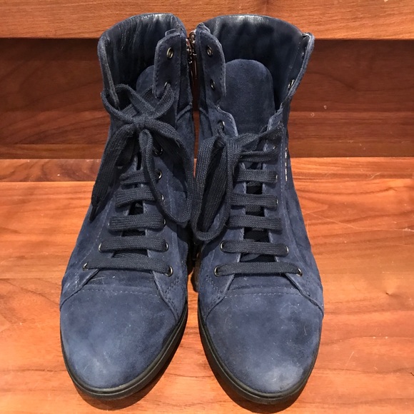 PRADA Blue Suede High Top Wedge Sneakers - Picture 2 of 7
