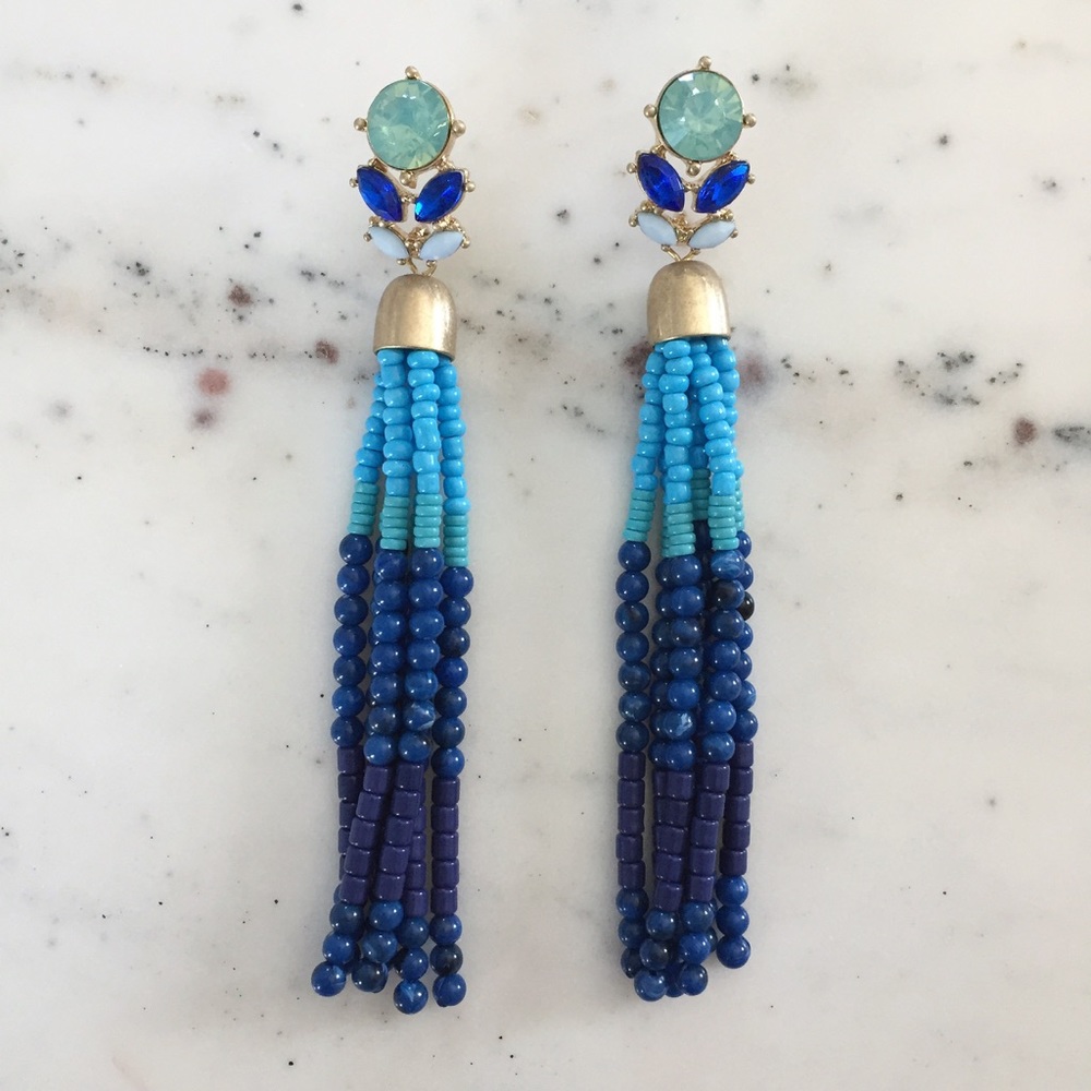 "Tuula" Earrings || Blue Tassel Statement - Picture 2 of 9