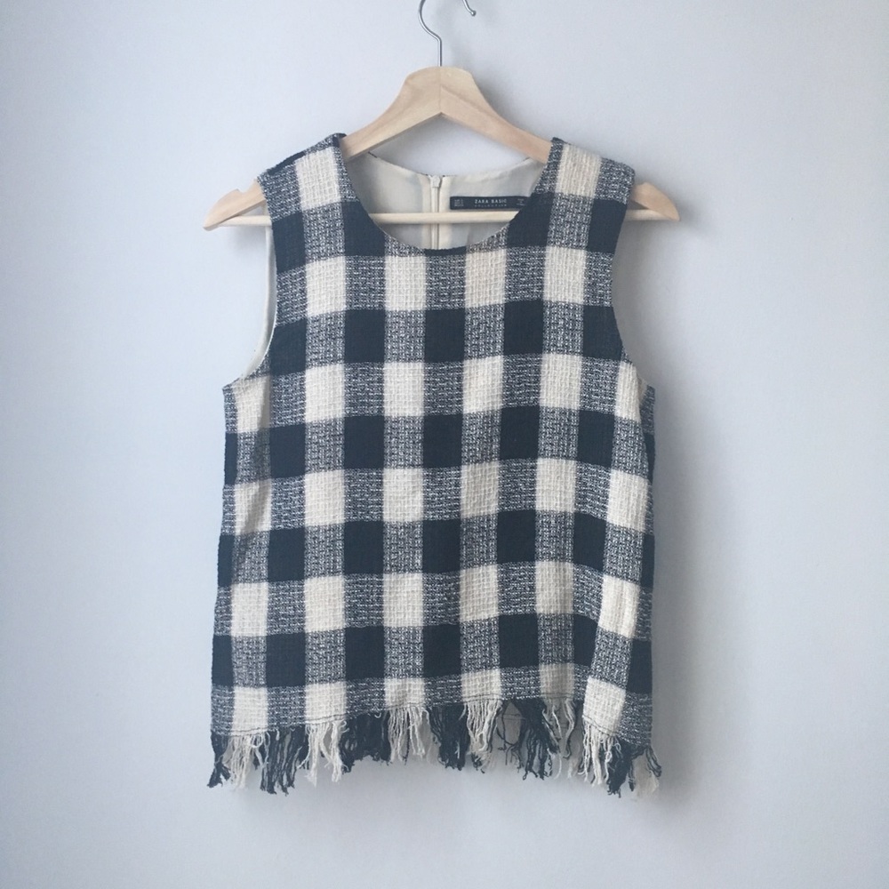 Zara Plaid Tank Blouse with Frayed Hem
