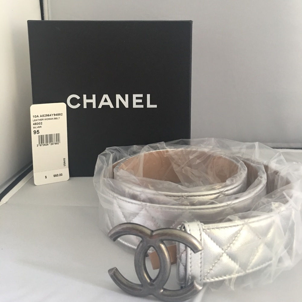 Chanel authentic quilted lambskin silver belt
