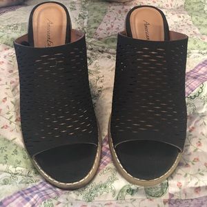 Mules.  Black faux suede. 3.5 inch heel