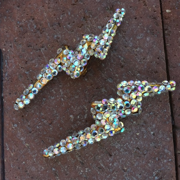 Vintage Lightning Bolt Earrings Rhinestone Clip - Picture 1 of 3