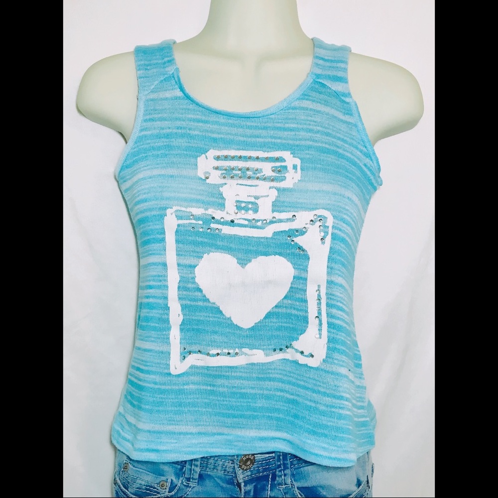 NWOT Tank top light blue perfume bottle rhinestone
