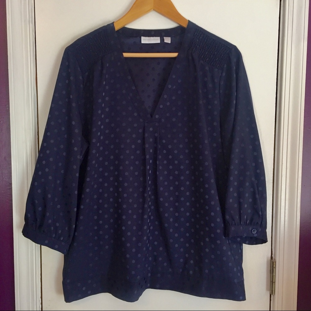 Navy Blue Peasant Top, 3/4 Sleeve w/ Polka Dots