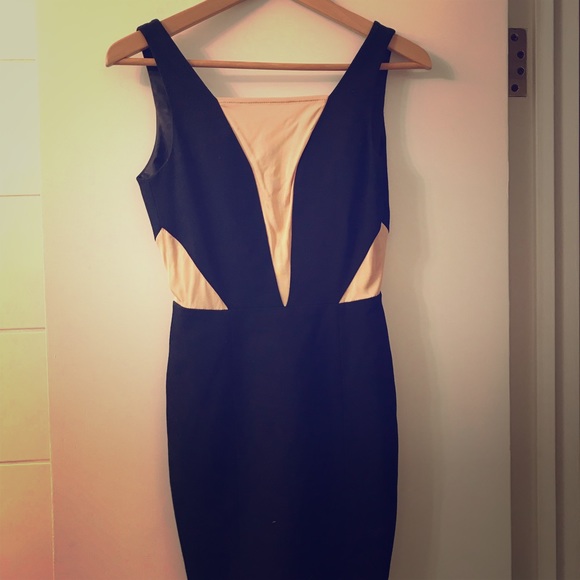 Black and nude paneling dress with deep v back - Picture 1 of 3