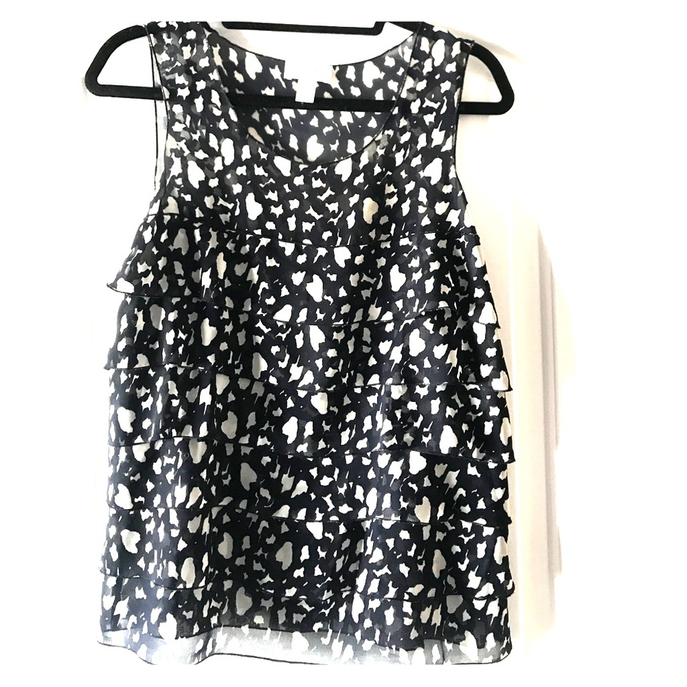 Navy and white ruffled sheer blouse