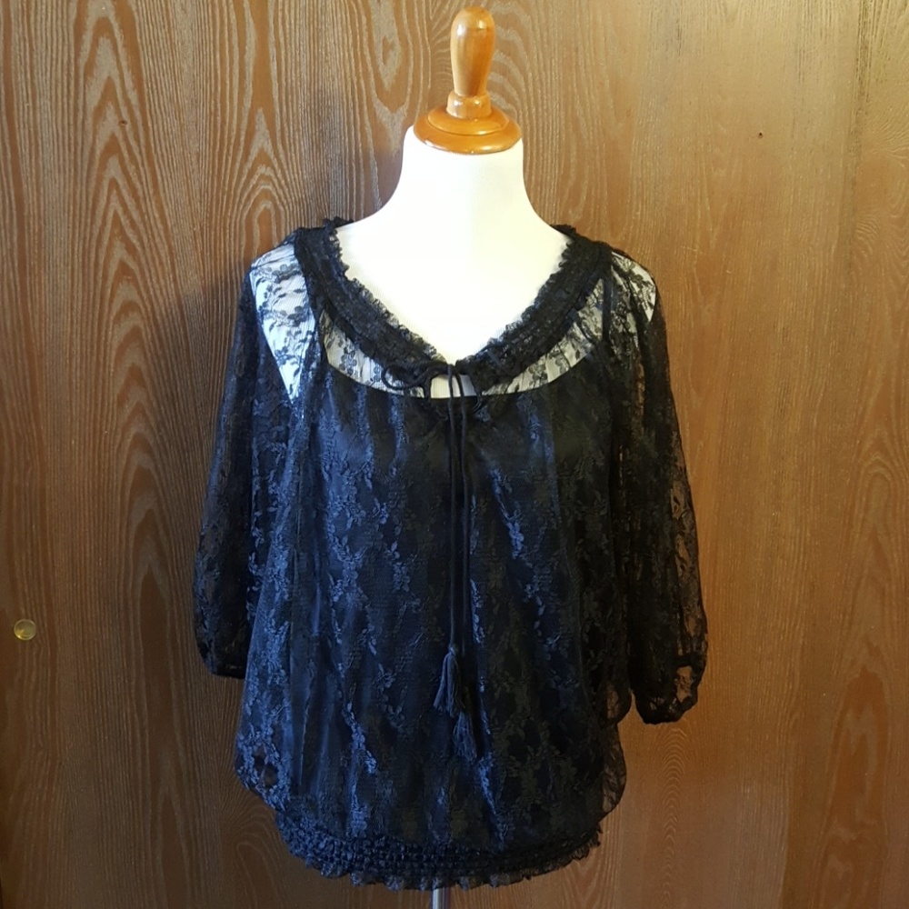 Adiva Black Lace Boho Top Size X-Large NWT