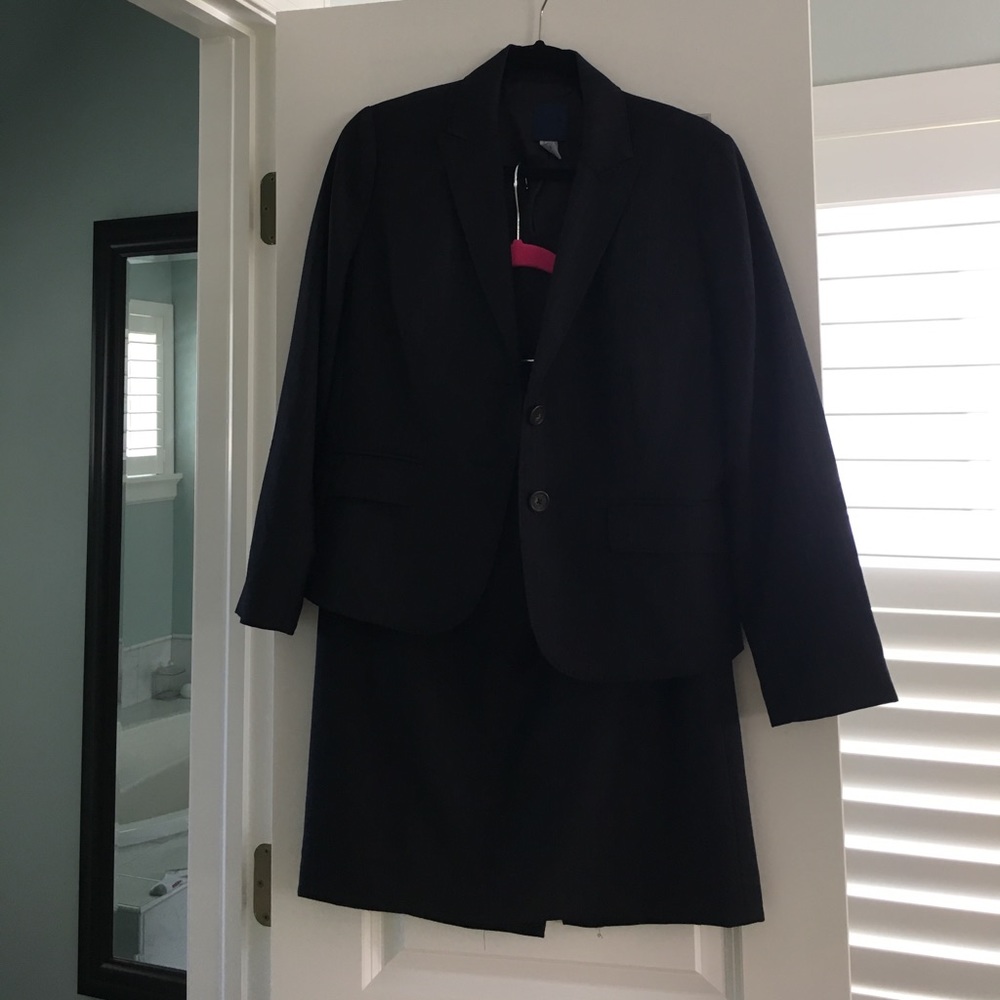 Navy pinstripe J. Crew super 120s skirt suit