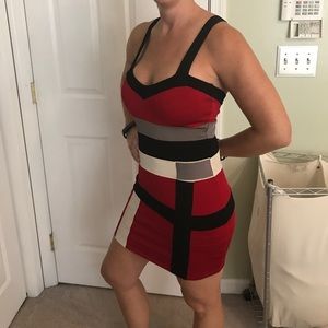 Bebe red white and black striped dress