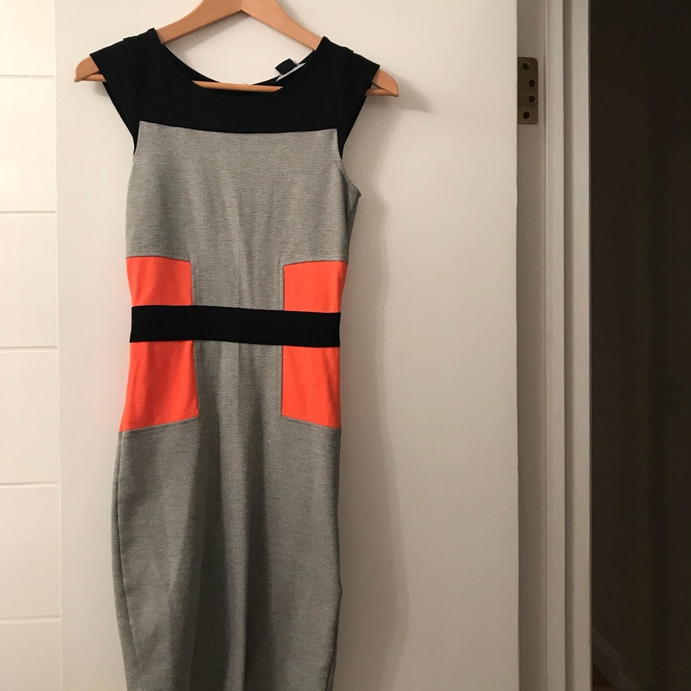Gray black + neon orange color block panel dress