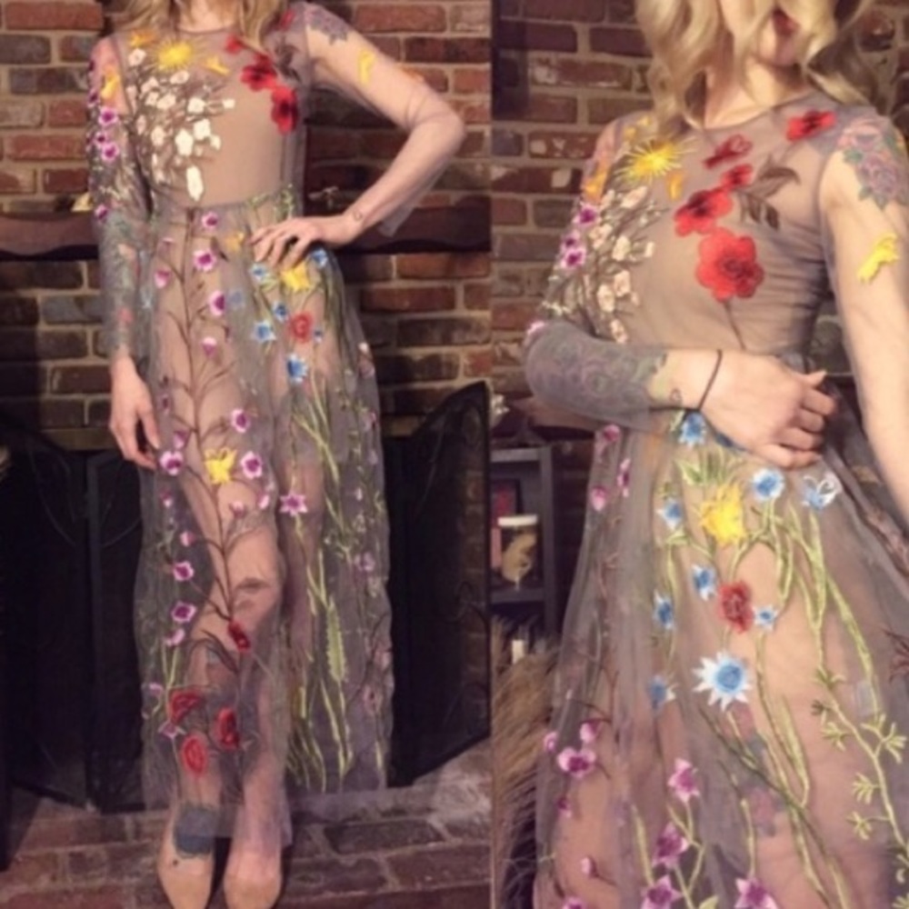 Sheer embroidered floral maxi dress