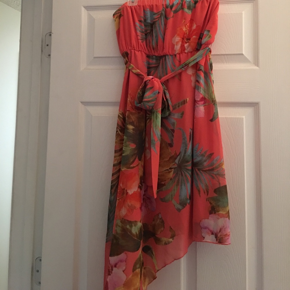 Strapless high low side sheer floral dress