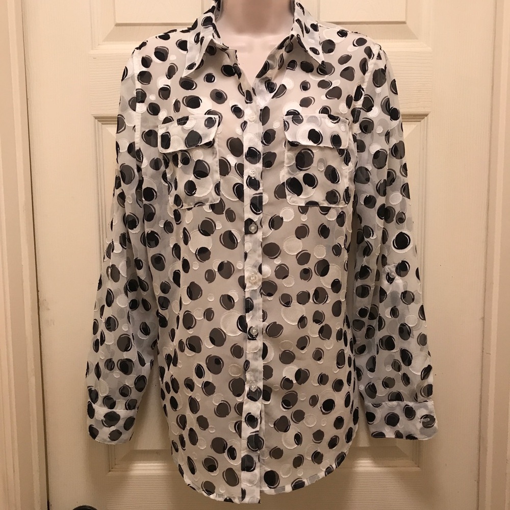 Shear Long sleeve Blue & White Polka Dot Blouse.