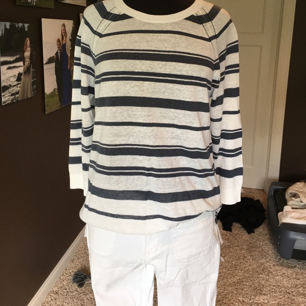 Loft lightweight white and blue striped sweater.