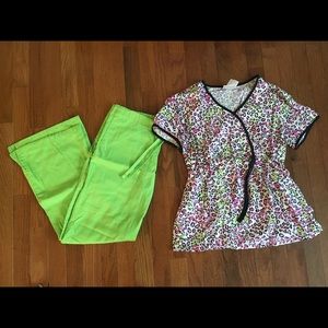 Scrub top with matching scrub bottoms.