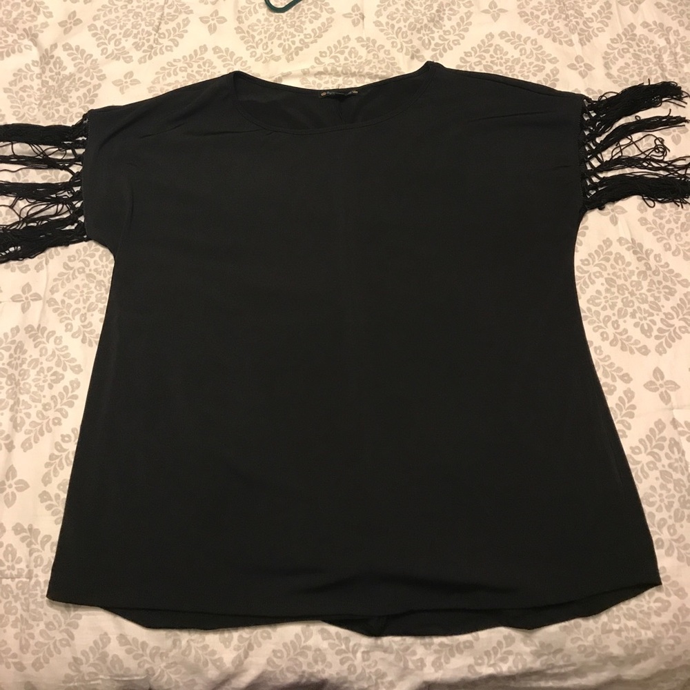 FUN black women’s shirt with sleeve fringe detail