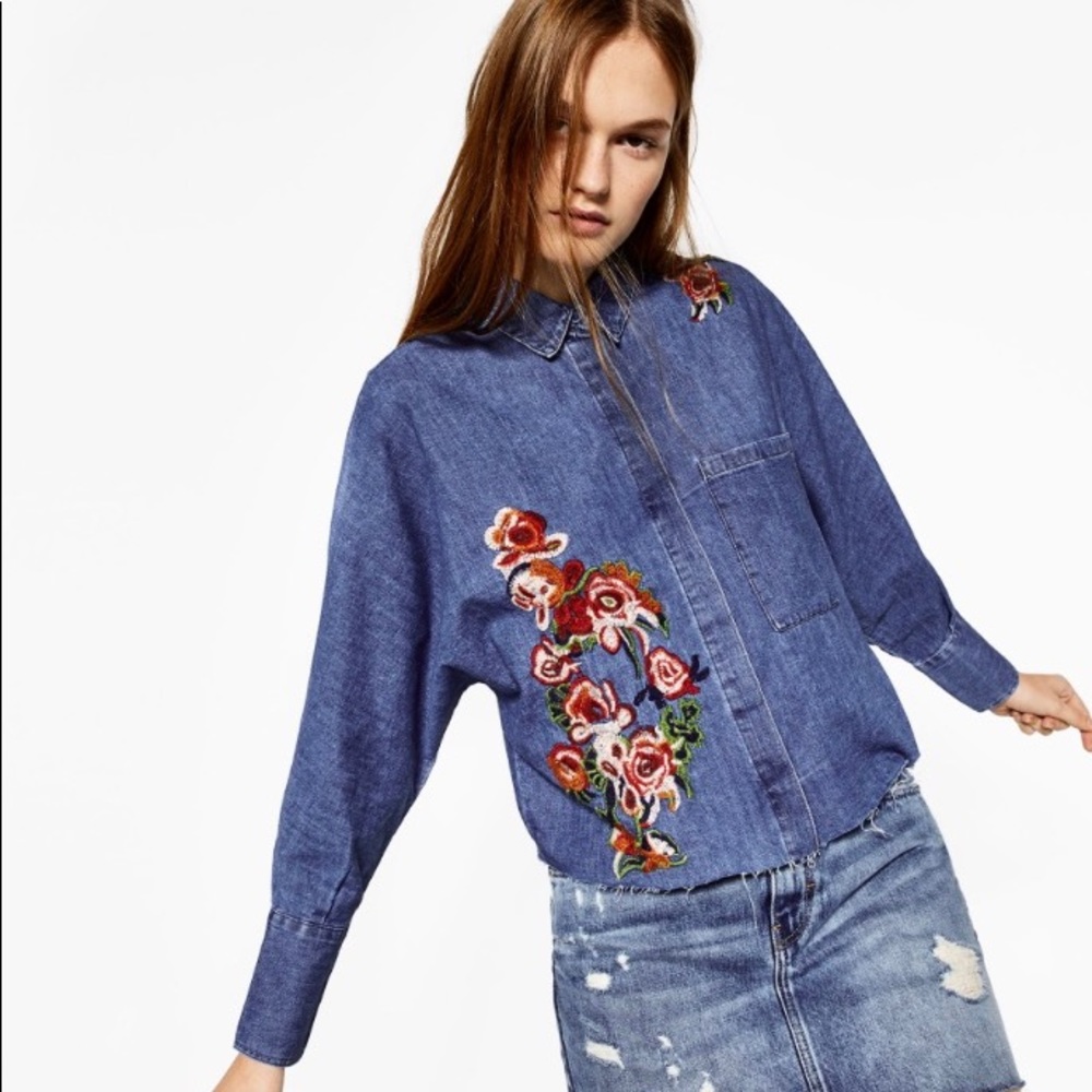 ZARA TRF EMBROIDERED DENIM SHIRT