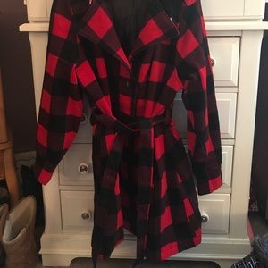 Red and black buffalo check hooded trench coat.